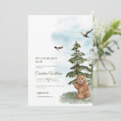 我々は明らかに待つ水色ウッドランド赤ちゃんシャワー 招待状 (スタンド正面)