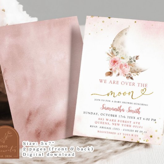 我々は月のピンクのボホ女の子の赤ちゃんシャワー上にある 招待状