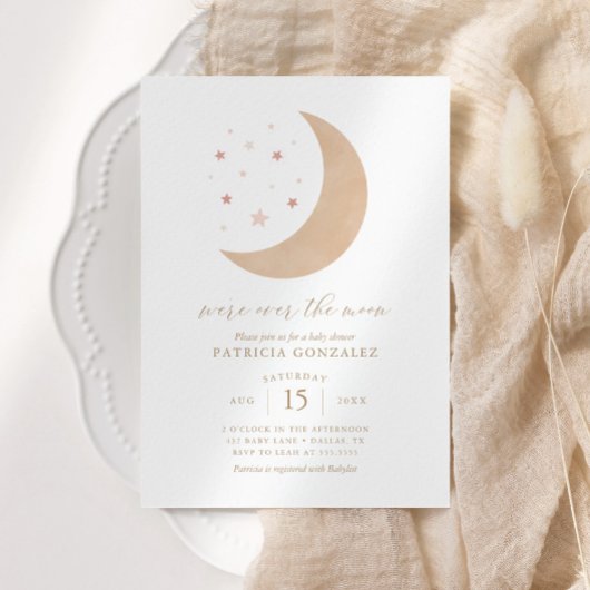 我々は月のピンクの金ゴールド女の子ベビーシャワーinv上にある 招待状