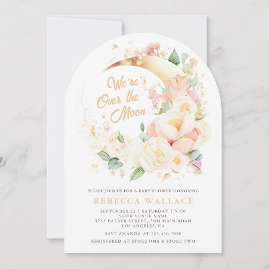 我々は月のフローラガールアーチベイビーシャワーの上にいる 招待状 (正面)