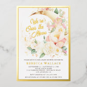 我々は月のフローラ女の子の赤ちゃんシャワー金ゴールド上にある 箔招待状 (正面)