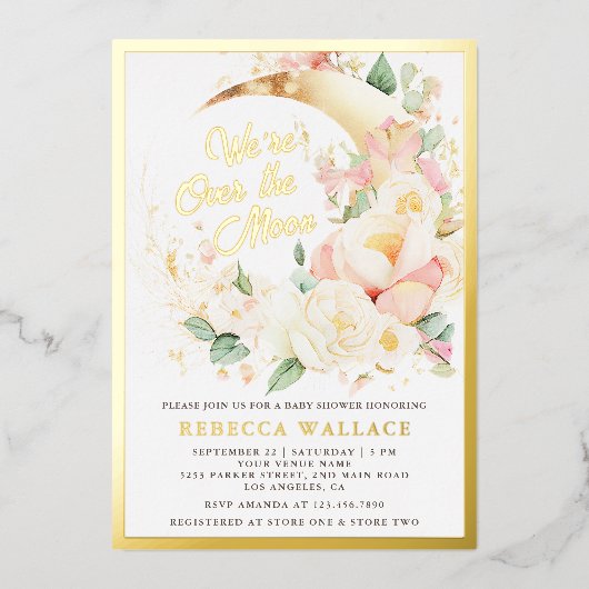 我々は月のフローラ女の子の赤ちゃんシャワー金ゴールド上にある 箔招待状 (正面)
