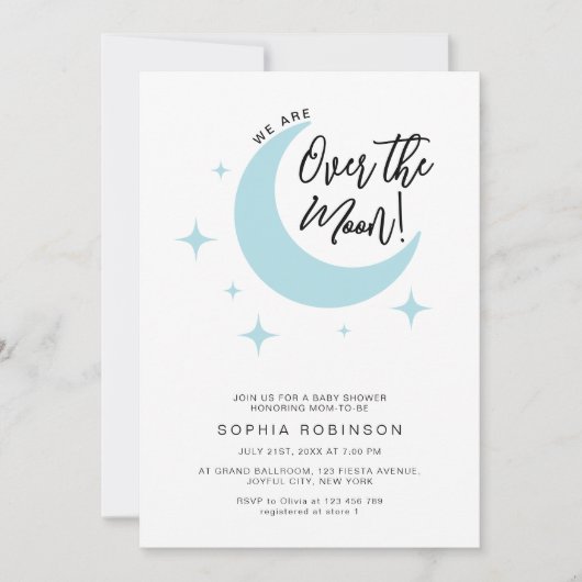 我々は月のミニマルな男の赤ちゃんシャワーの上にいる 招待状 (正面)