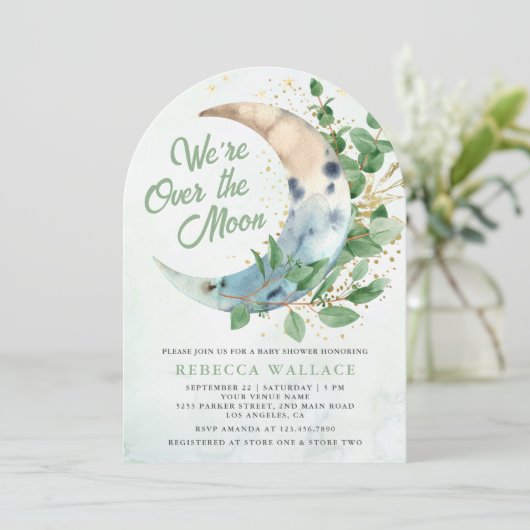 我々は月のユーカリのアーチ赤ちゃんシャワー上にある 招待状 (スタンド正面)