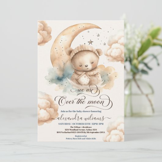 我々は月の上にあるテディベア星赤ちゃんシャワー 招待状 (スタンド正面)