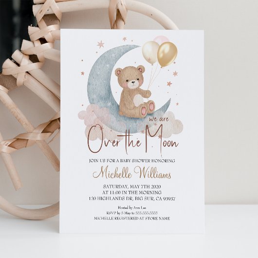 我々は月の上にあるテディベア星赤ちゃんシャワー 招待状