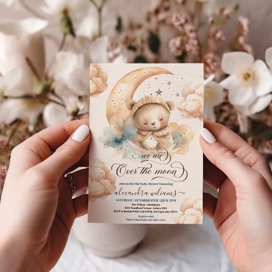 我々は月の上にあるテディベア星赤ちゃんシャワー 招待状