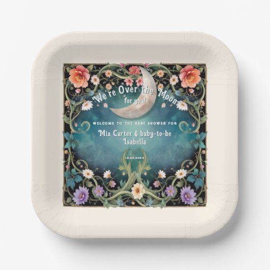 我々は月の上にいるフローラ女の子らしい女の子ベビーシャワー ペーパープレート (正面)