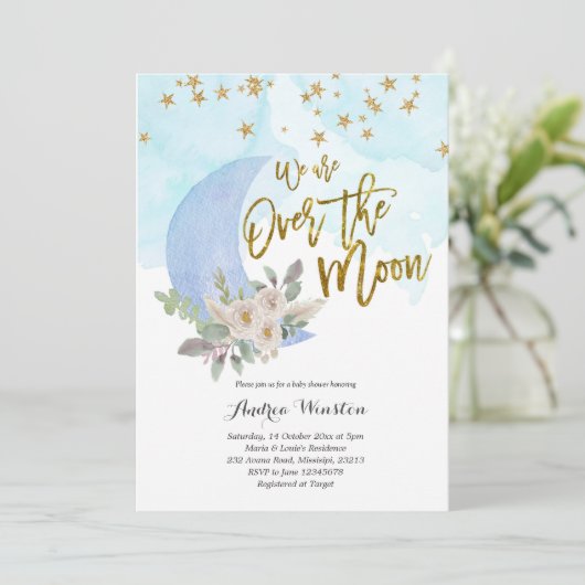 我々は月の上の青の赤ちゃんシャワー招待状 招待状 (スタンド正面)