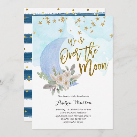 我々は月の上の青の赤ちゃんシャワー招待状 招待状 (正面/裏面)