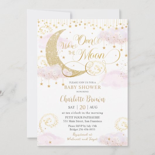 我々は月の星ピンクの金ゴールド赤ちゃんシャワー上にある 招待状 (正面)