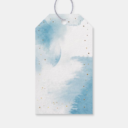 我々は月の青い金ゴールドの赤ちゃんシャワーの上にある ギフトタグ (裏面)