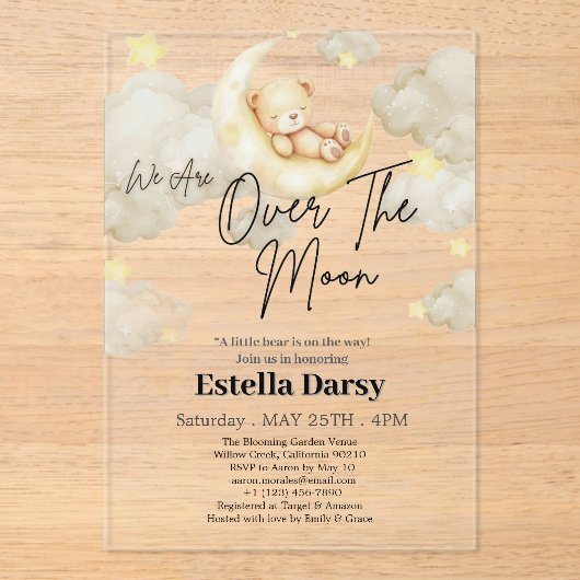 我々は月テディベア赤ちゃんシャワーの上にいる アクリル招待状 (正面)