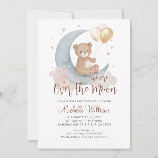 我々は月テディベア赤ちゃんシャワーの上にいる 招待状 (正面)