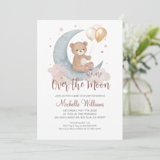 我々は月テディベア赤ちゃんシャワーの上にいる 招待状 (スタンド正面)