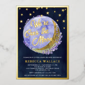 我々は月ラベンダーの赤ちゃんシャワー海軍の金ゴールドの上にいる 箔招待状 (正面)