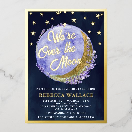 我々は月ラベンダーの赤ちゃんシャワー海軍の金ゴールドの上にいる 箔招待状 (正面)