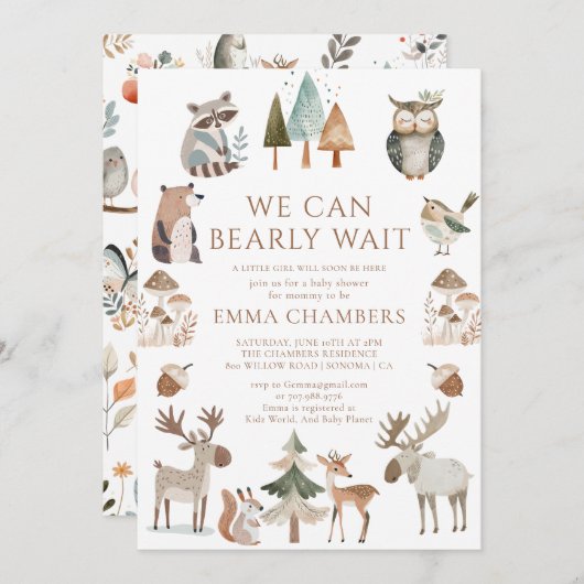 我々は木地動物の赤ちゃんシャワーを待つことができる 招待状 (正面/裏面)