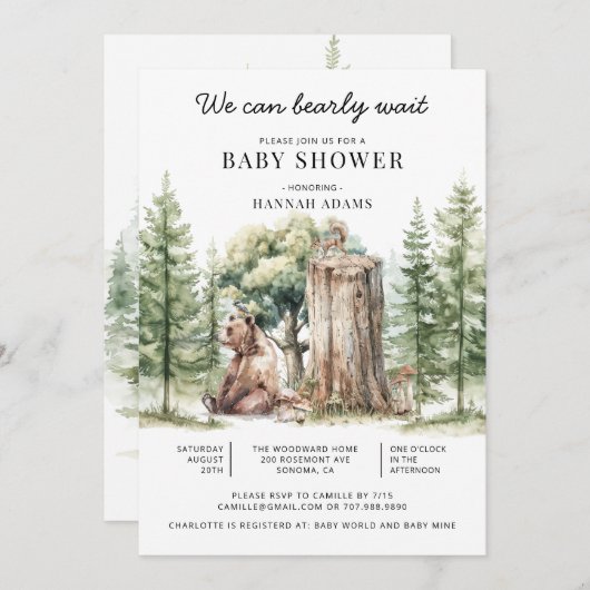 我々は森林ベアーフォレストのベビーシャワーを待つことができる 招待状 (正面/裏面)