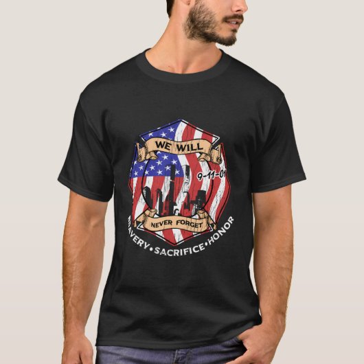 我々は決して忘れ9-11-01の勇気を犠牲にしない Tシャツ (正面)