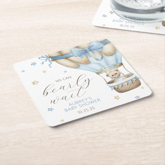 我々は男の子の赤ちゃんシャワーを待つことができる スクエアペーパーコースター (アングル)