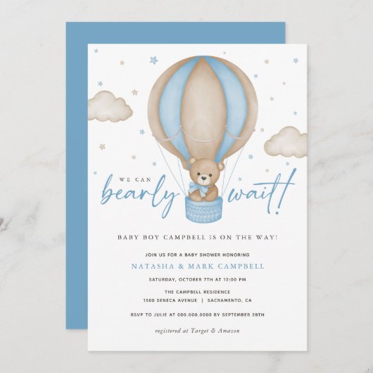 我々は男の子の赤ちゃんシャワーを待つことができる 招待状 (正面/裏面)