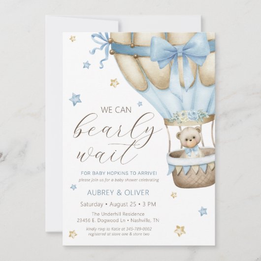 我々は男の子の赤ちゃんシャワーを待つことができる 招待状 (正面)
