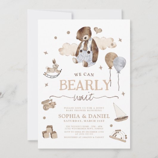 我々は男の子の赤ちゃんシャワーを待つことができる 招待状 (正面)