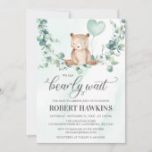 我々は男の子の赤ちゃんシャワーを待つことができる 招待状 (正面)