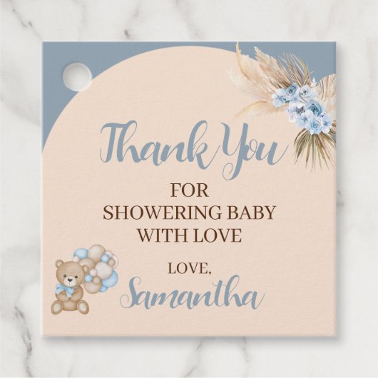 我々は男の子の赤ちゃんシャワーメッセージカードを待つことができる フェイバータグ (正面)