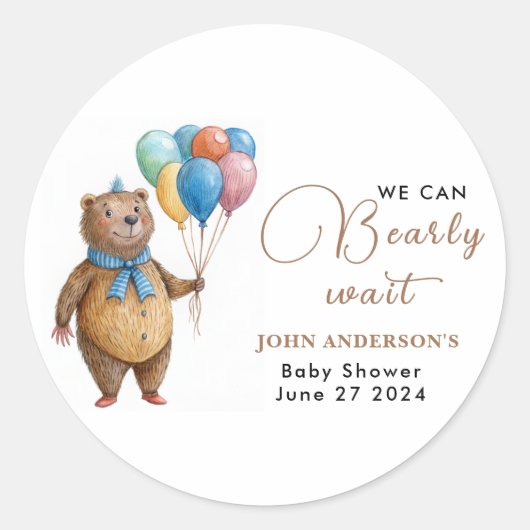 我々は男の子を待つことができる気球のベビーシャワー ラウンドシール (正面)