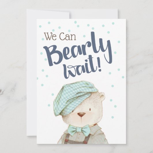 我々は男の子ウッドランド熊ベビーシャワーを待つことができる 招待状 (正面)