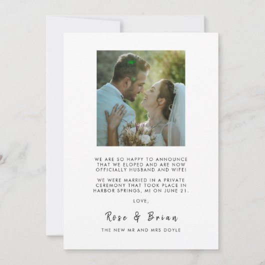 我々は白エレガント文字の写結婚真を駆け落ち 案内状 (裏面)