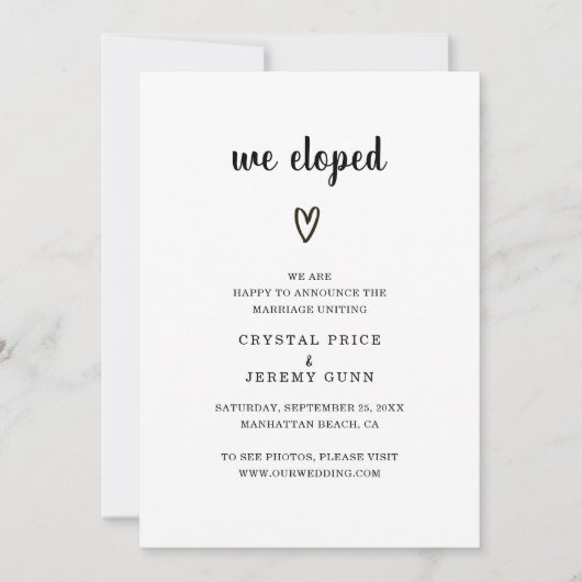 我々は白黒ハート写真の駆け落ち 案内状 (正面)