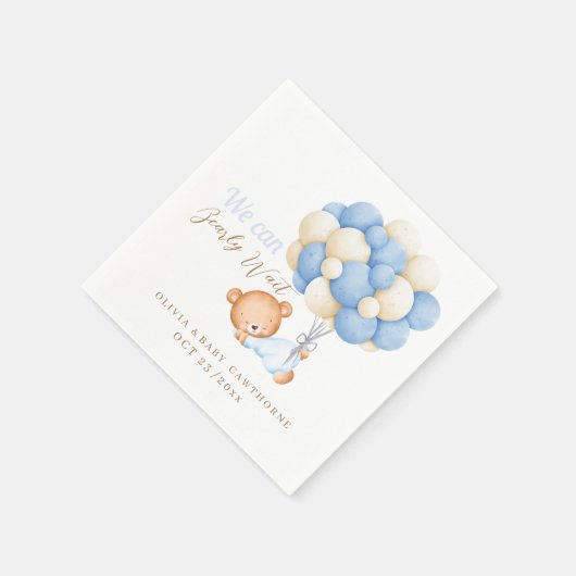 我々は真摯に待つことができるテディバルーン男の赤ちゃんシャワー スタンダードカクテルナプキン (角)