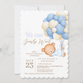 我々は真摯に待つことができるテディバルーン男の赤ちゃんシャワー 招待状 (正面)