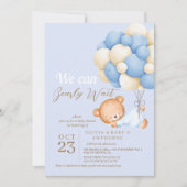 我々は真摯に待つことができるテディバルーン男の赤ちゃんシャワー 招待状 (正面)