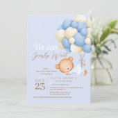 我々は真摯に待つことができるテディバルーン男の赤ちゃんシャワー 招待状 (スタンド正面)