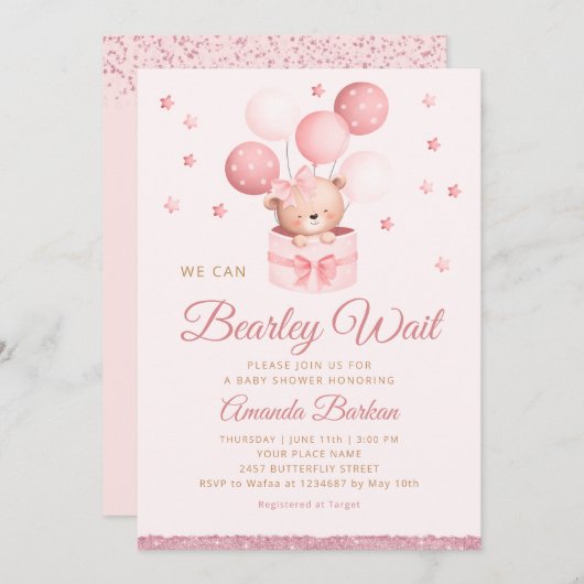 我々は真摯に待つことができるテディベアガールベイビーシャワー 招待状 (正面/裏面)