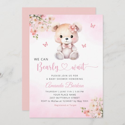 我々は真摯に待つことができるテディベアガールベイビーシャワー 招待状 (正面/裏面)