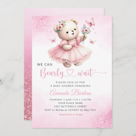 我々は真摯に待つことができるテディベアガールベイビーシャワー 招待状 (正面/裏面)