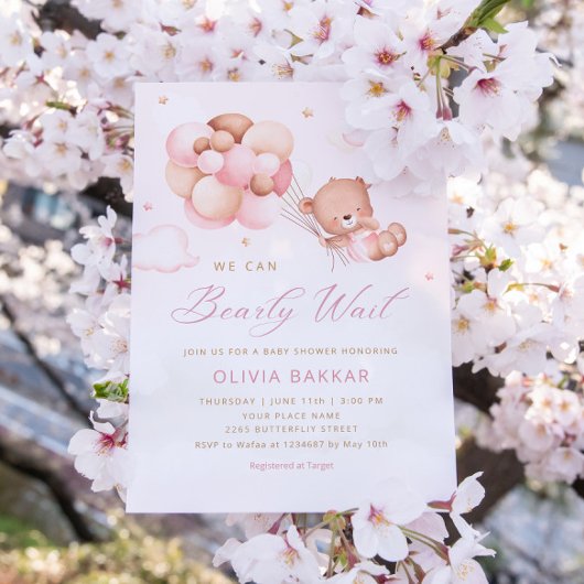 我々は真摯に待つことができるテディベアガールベイビーシャワー 招待状