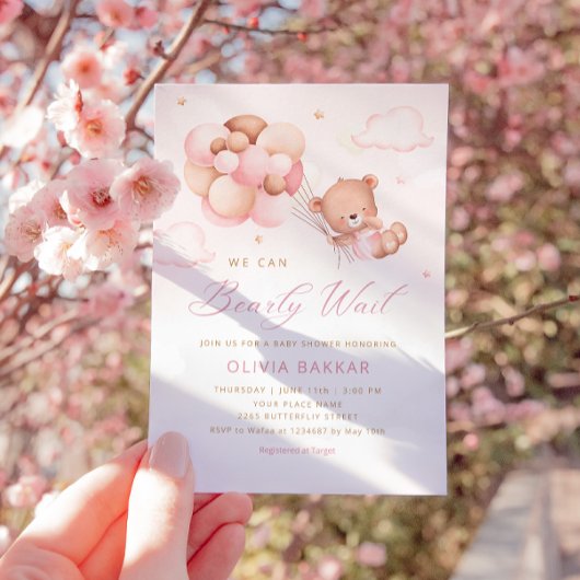 我々は真摯に待つことができるテディベアガールベイビーシャワー 招待状