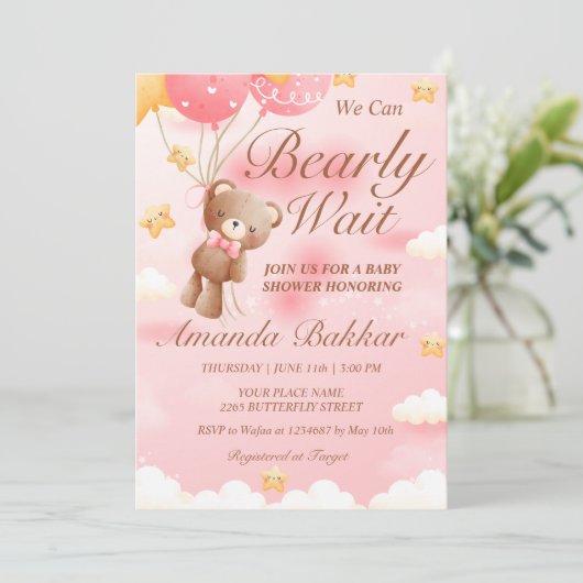 我々は真摯に待つことができるテディベアガールベイビーシャワー 招待状 (スタンド正面)