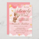我々は真摯に待つことができるテディベアガールベイビーシャワー 招待状 (正面/裏面)