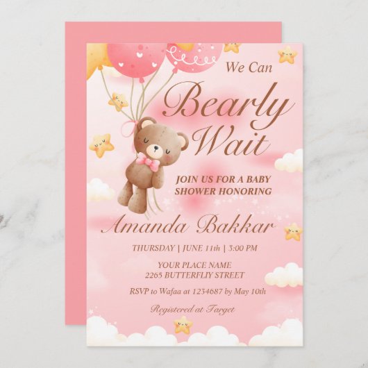 我々は真摯に待つことができるテディベアガールベイビーシャワー 招待状 (正面/裏面)