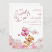 我々は真摯に待つことができるテディベアガールベイビーシャワー 招待状 (正面/裏面)
