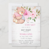 我々は真摯に待つことができるテディベアガールベイビーシャワー 招待状 (正面)