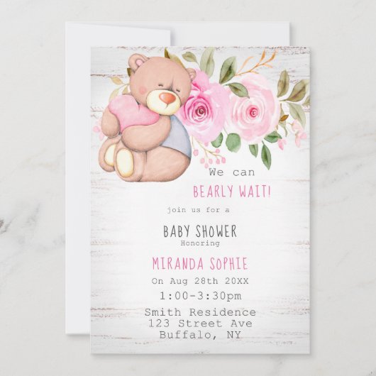 我々は真摯に待つことができるテディベアガールベイビーシャワー 招待状 (正面)
