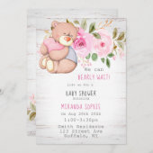 我々は真摯に待つことができるテディベアガールベイビーシャワー 招待状 (正面/裏面)